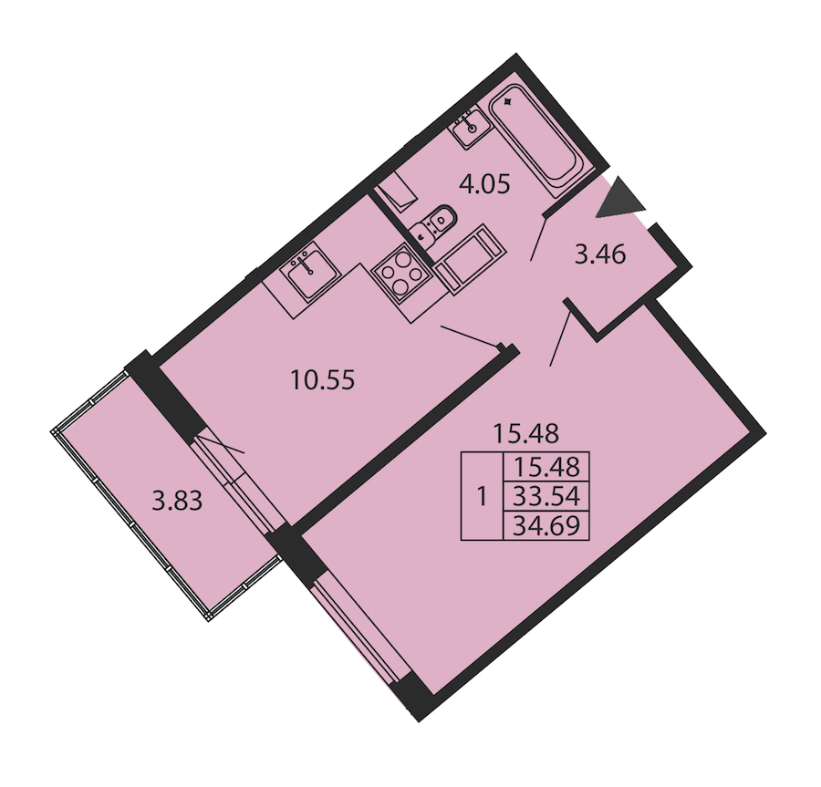 1-комнатная квартира 33.54 м², 12/12 эт., ЖК «Полис ЛАВрики»